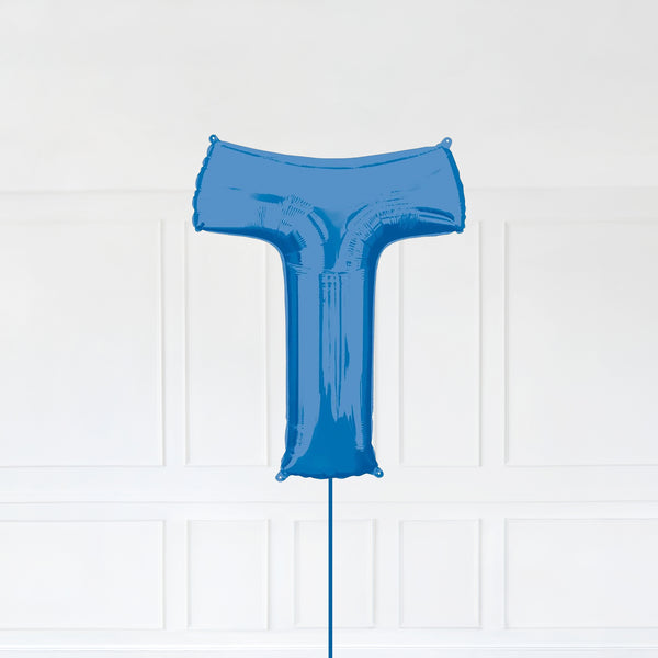 Letter T Foil Balloon Inflated With Helium, Blue Color Letter T with Balloon String and Balloon Weight.