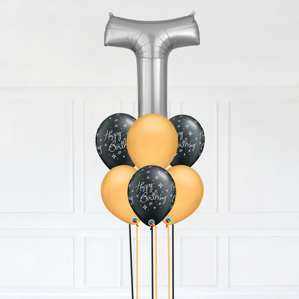 Customizable Letter T Balloon Bouquet Silver Micro Foil Balloon with Happy Birthday Latex Balloons