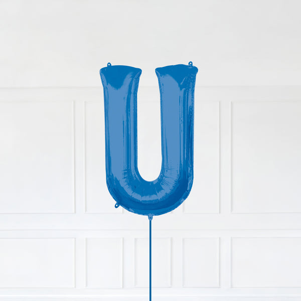 Letter U Foil Balloon Inflated With Helium, Blue Color Letter U with Balloon String and Balloon Weight.