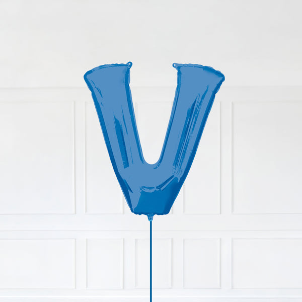 Letter V Foil Balloon Inflated With Helium, Blue Color Letter V with Balloon String and Balloon Weight.