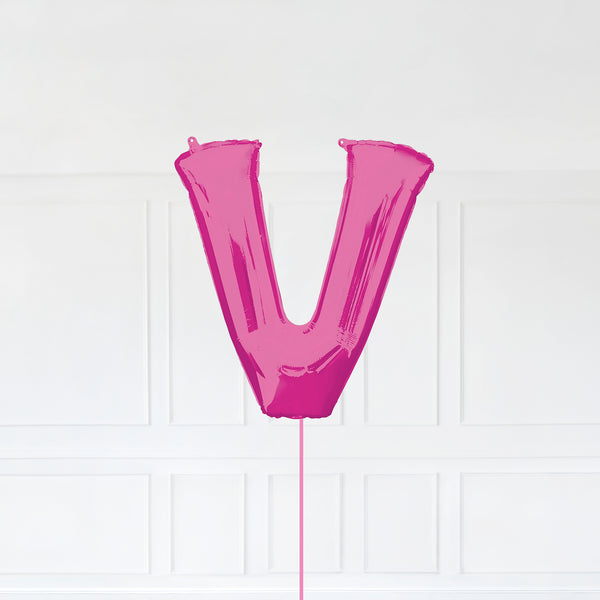 Letter V Foil Balloon Inflated With Helium, Pink Color Letter V with Balloon String and Balloon Weight.