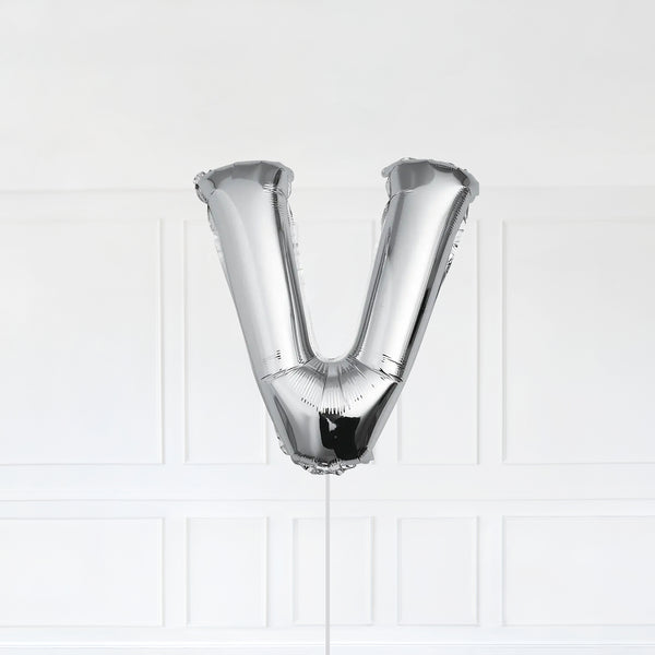 Letter V Foil Balloon Inflated With Helium, Silver Color Letter V with Balloon String and Balloon Weight.