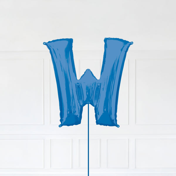 Letter W Foil Balloon Inflated With Helium, Blue Color Letter W with Balloon String and Balloon Weight.