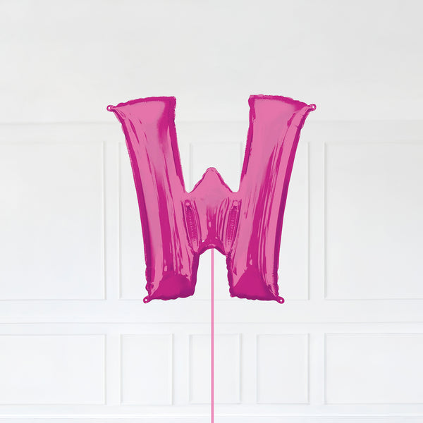 Letter W Foil Balloon Inflated With Helium, Pink Color Letter W with Balloon String and Balloon Weight.