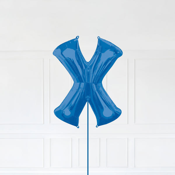 Letter X Foil Balloon Inflated With Helium, Blue Color Letter X with Balloon String and Balloon Weight.