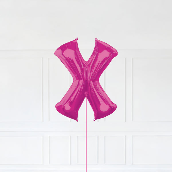 Letter X Foil Balloon Inflated With Helium, Pink Color Letter X with Balloon String and Balloon Weight.