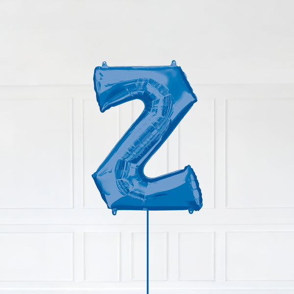 Letter Z Foil Balloon Inflated With Helium, Blue Color Letter Z with Balloon String and Balloon Weight.