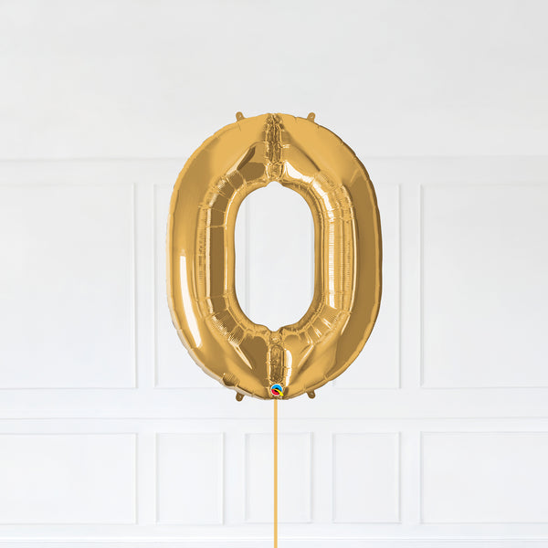 Number 0 Foil Balloon Inflated With Helium, Gold Color Number Zero with Balloon String and Balloon Weight.