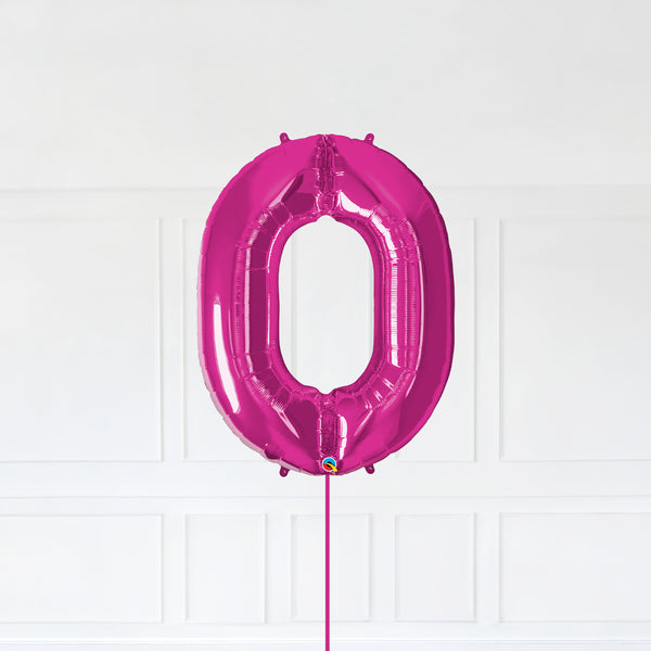 Number 0 Foil Balloon Inflated With Helium, Magenta (Dark Pink) Color Number Zero with Balloon String and Balloon Weight.