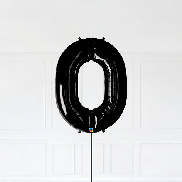 Number 0 Foil Balloon Inflated With Helium, Black Color Number Zero with Balloon String and Balloon Weight.