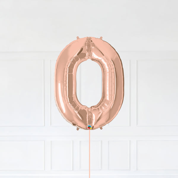 Number 0 Foil Balloon Inflated With Helium, Rose Gold Color Number Zero with Balloon String and Balloon Weight.