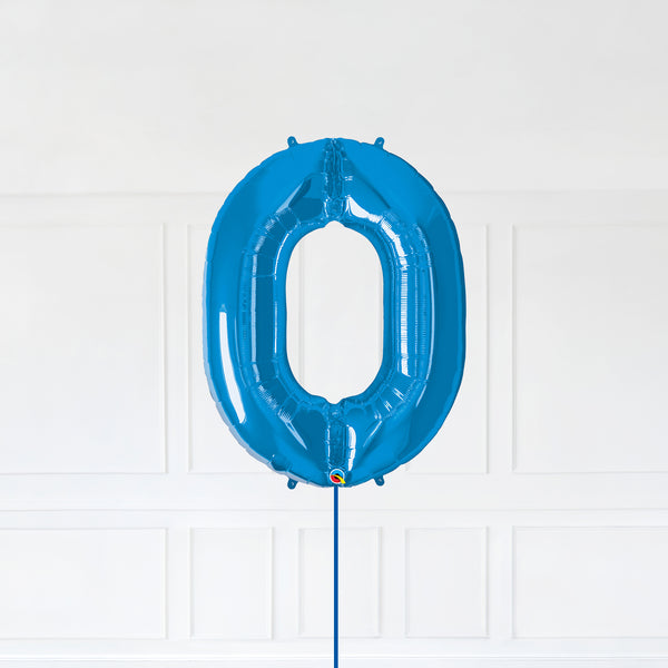 Number 0 Foil Balloon Inflated With Helium, Blue Color Number Zero with Balloon String and Balloon Weight.