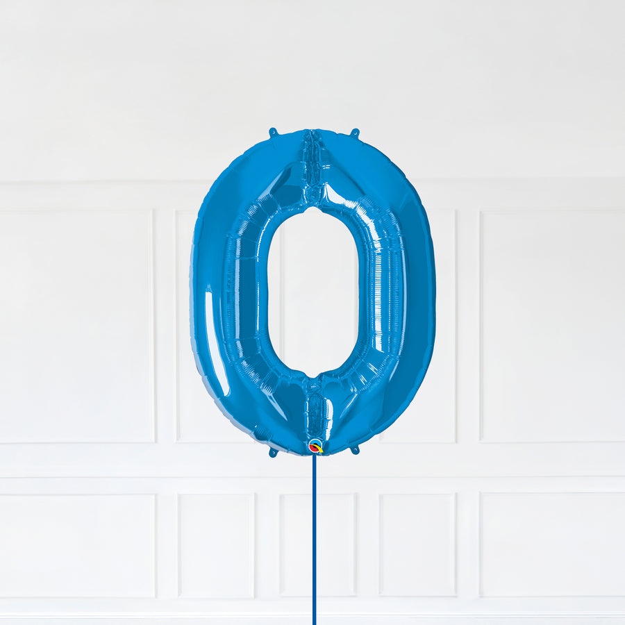 Number 0 Foil Balloon Inflated With Helium, Blue Color Number Zero with Balloon String and Balloon Weight.