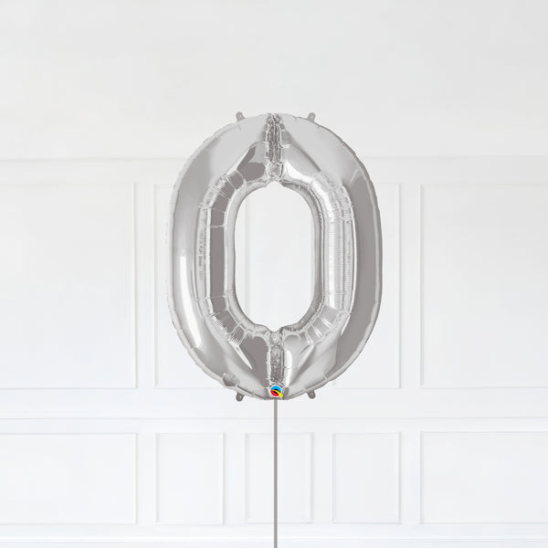 Number 0 Foil Balloon Inflated With Helium, Silver Color Number Zero with Balloon String and Balloon Weight.