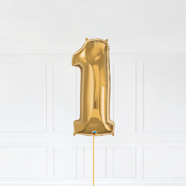 Number 1 Foil Balloon Inflated With Helium, Gold Color Number One with Balloon String and Balloon Weight.