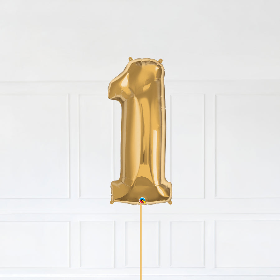 Number 1 Foil Balloon Inflated With Helium, Gold Color Number One with Balloon String and Balloon Weight.
