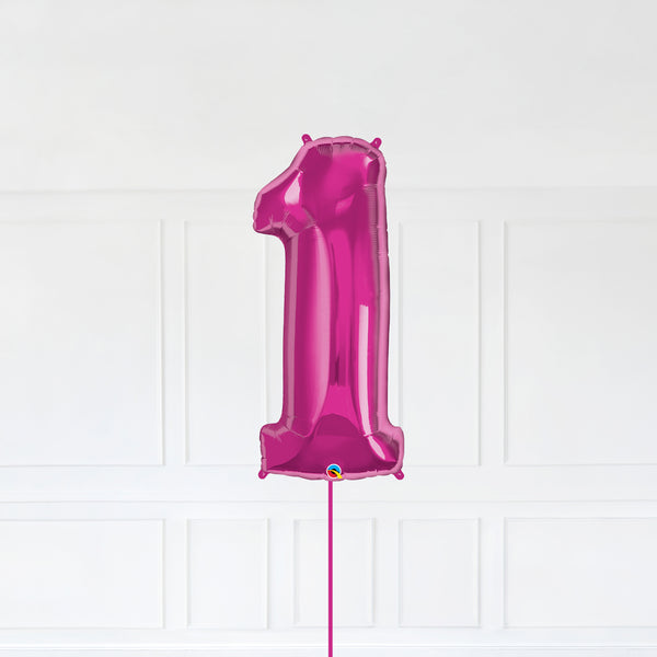 Number 1 Foil Balloon Inflated With Helium, Magenta (Dark Pink) Color Number One with Balloon String and Balloon Weight.