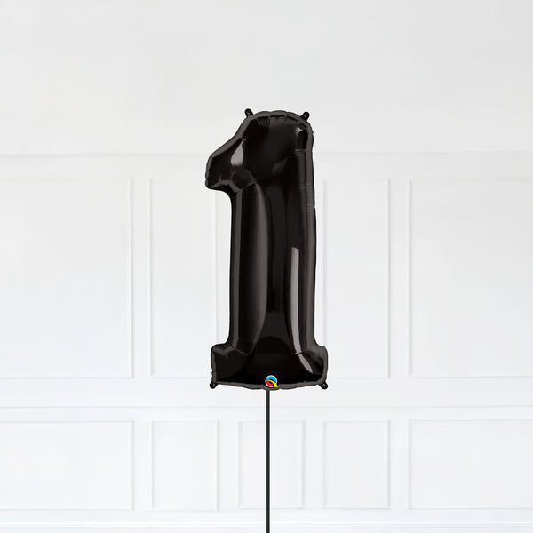 Number 1 Foil Balloon Inflated With Helium, Black Color Number One with Balloon String and Balloon Weight.