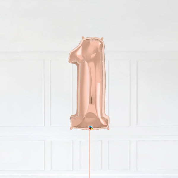 Number 1 Foil Balloon Inflated With Helium, Rose Gold Color Number One with Balloon String and Balloon Weight.