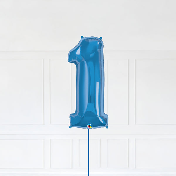 Number 1 Foil Balloon Inflated With Helium, Blue Color Number One with Balloon String and Balloon Weight.