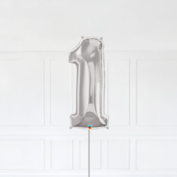 Number 1 Foil Balloon Inflated With Helium, Silver Color Number One with Balloon String and Balloon Weight.