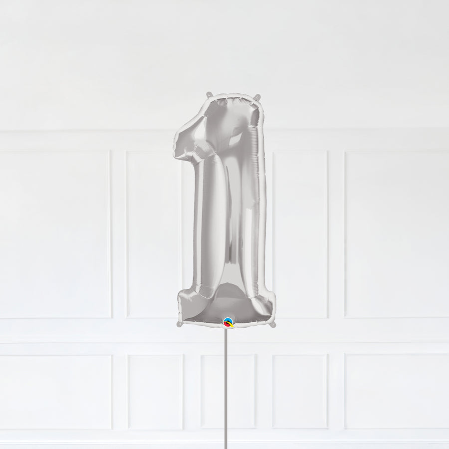 Number 1 Foil Balloon Inflated With Helium, Silver Color Number One with Balloon String and Balloon Weight.