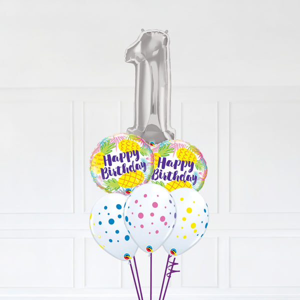 Customizable Number 1 Balloon Bouquet Silver Micro Foil Balloon with Happy Birthday Latex Balloons