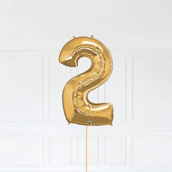 Number 2 Foil Balloon Inflated With Helium, Gold Color Number Two with Balloon String and Balloon Weight.