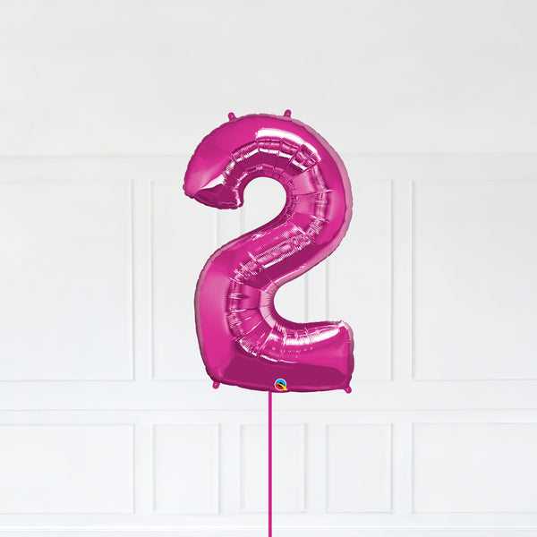 Number 2 Foil Balloon Inflated With Helium, Magenta (Dark Pink) Color Number Two with Balloon String and Balloon Weight.