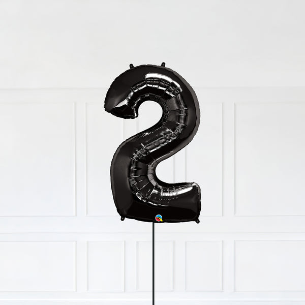 Number 2 Foil Balloon Inflated With Helium, Black Color Number Two with Balloon String and Balloon Weight.