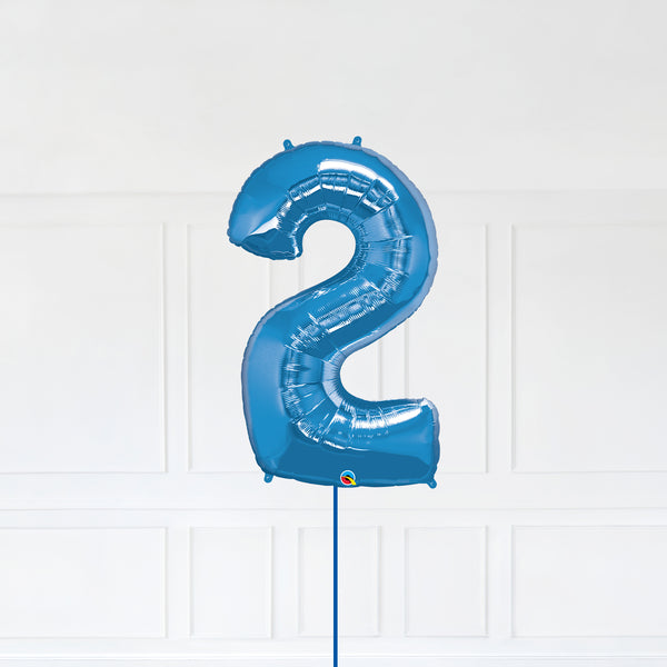 Number 2 Foil Balloon Inflated With Helium, Blue Color Number Two with Balloon String and Balloon Weight.