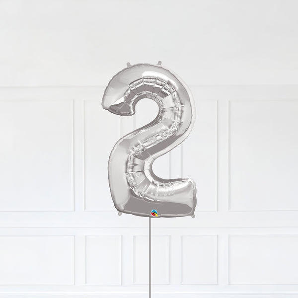 Number 2 Foil Balloon Inflated With Helium, Silver Color Number Two with Balloon String and Balloon Weight.