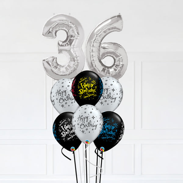 Customizable Number 36 Balloon Bouquet Silver Micro Foil Balloon with Latex Balloons