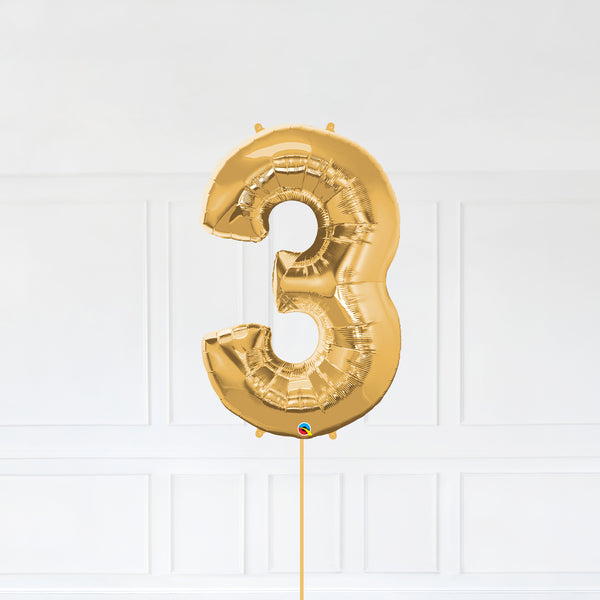 Number 3 Foil Balloon Inflated With Helium, Gold Color Number Three with Balloon String and Balloon Weight.