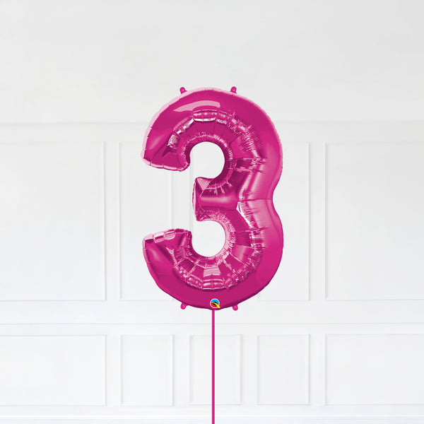 Number 3 Foil Balloon Inflated With Helium, Magenta (Dark Pink) Color Number Three with Balloon String and Balloon Weight.