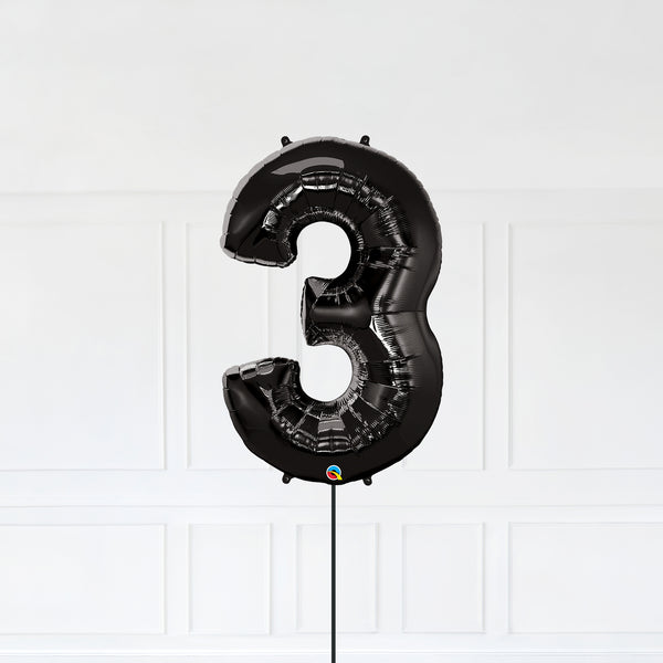 Number 3 Foil Balloon Inflated With Helium, Black Color Number Three with Balloon String and Balloon Weight.