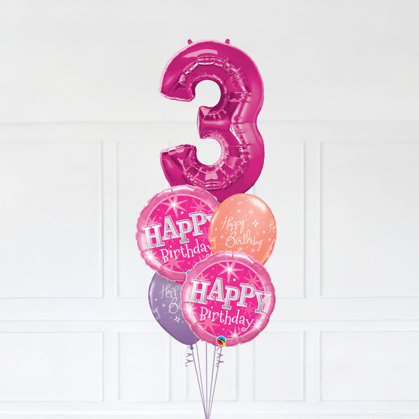 Customizable Number 3 Balloon Bouquet Pink Micro Foil Balloon with Latex Happy Birthday Balloons