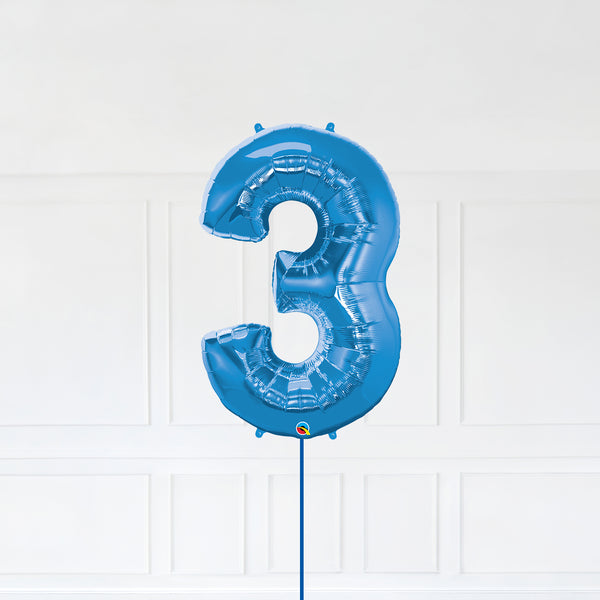 Number 3 Foil Balloon Inflated With Helium, Blue Color Number Three with Balloon String and Balloon Weight.