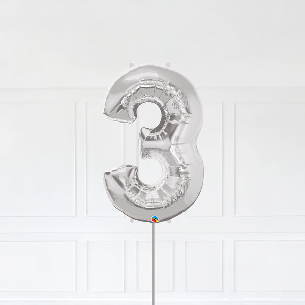 Number 3 Foil Balloon Inflated With Helium, Silver Color Number Three with Balloon String and Balloon Weight.