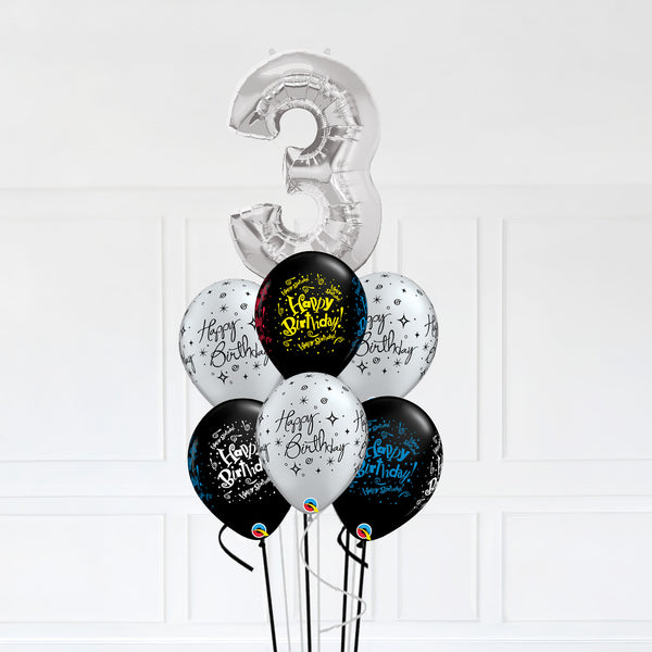 Customizable Number 3 Balloon Bouquet Silver Micro Foil Balloon with Latex Balloons