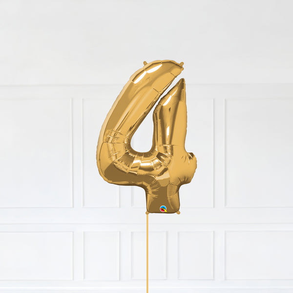 Number 4 Foil Balloon Inflated With Helium, Gold Color Number Four with Balloon String and Balloon Weight.