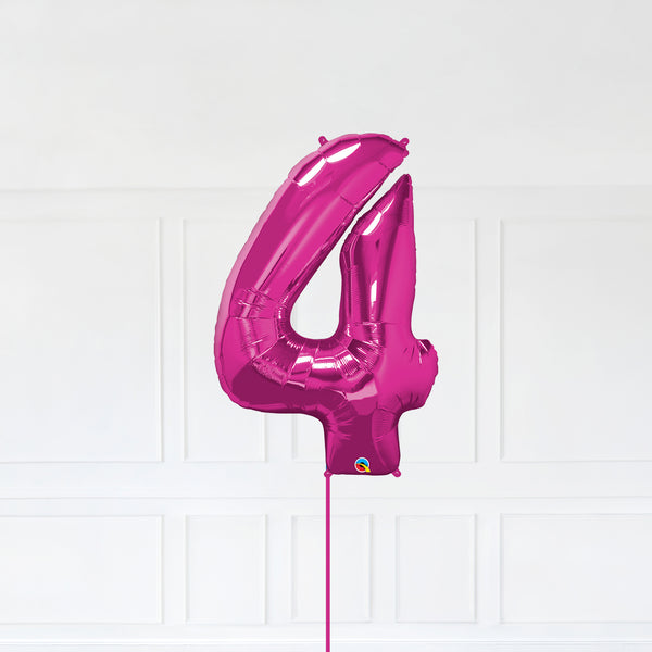 Number 4 Foil Balloon Inflated With Helium, Magenta (Dark Pink) Color Number Four with Balloon String and Balloon Weight.