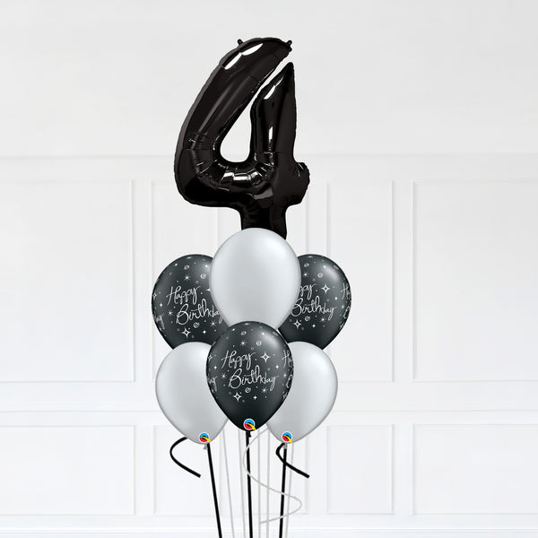 Customizable Number 4 Balloon Bouquet Onyx Black Micro Foil Balloon with Latex Happy Birthday Balloons