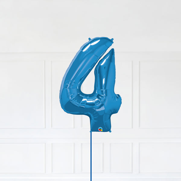 Number 4 Foil Balloon Inflated With Helium, Blue Color Number Four with Balloon String and Balloon Weight.