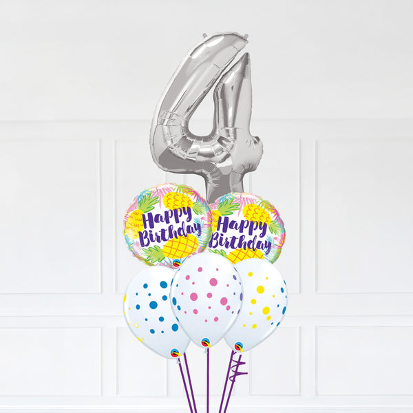 Customizable Number 4 Balloon Bouquet Silver Micro Foil Balloon with Happy Birthday Latex Balloons