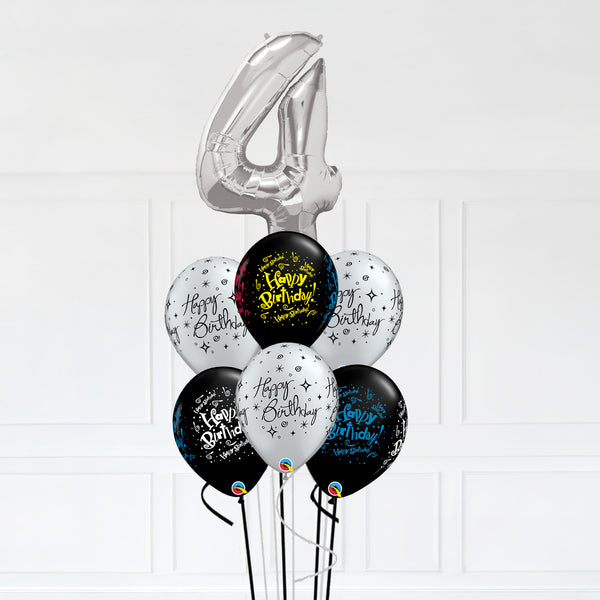 Customizable Number 4 Balloon Bouquet Silver Micro Foil Balloon with Latex Balloons