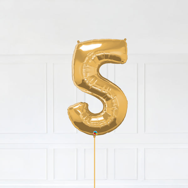 Number 5 Foil Balloon Inflated With Helium, Gold Color Number Five with Balloon String and Balloon Weight.