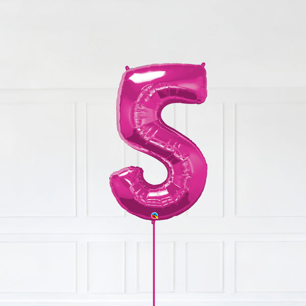 Number 5 Foil Balloon Inflated With Helium, Magenta (Dark Pink) Color Number Five with Balloon String and Balloon Weight.