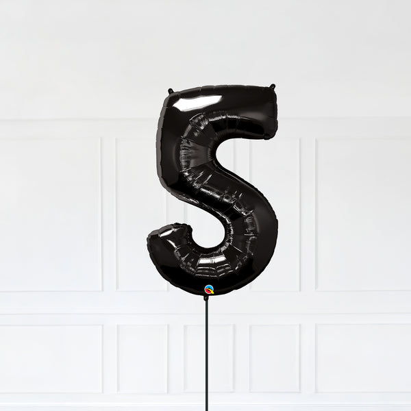 Number 5 Foil Balloon Inflated With Helium, Black Color Number Five with Balloon String and Balloon Weight.