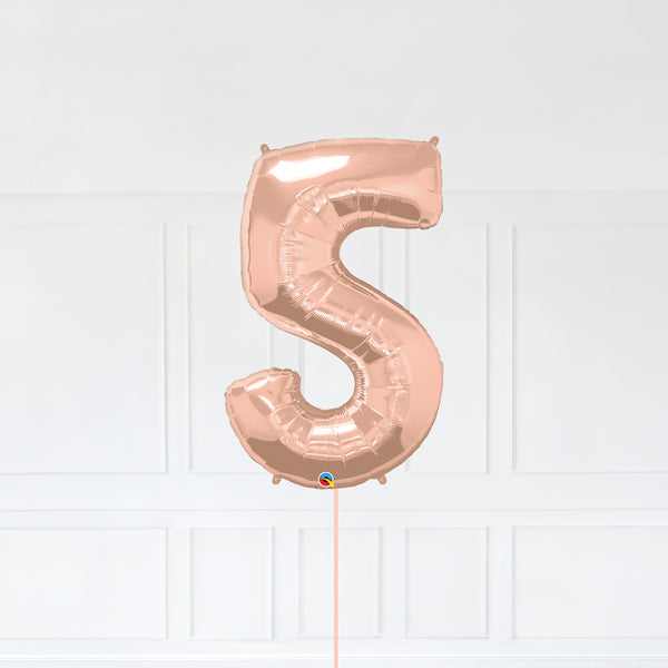 Number 5 Foil Balloon Inflated With Helium, Rose Gold Color Number Five with Balloon String and Balloon Weight.